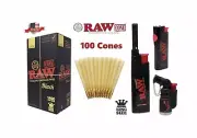 RAW Classic BLACK King Size Pre-Rolled Cone + Raw Torch Phoenix Extendo Lighter