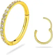 SmileBelle 14K Gold Hinged Nose Rings Hoop for Women 20G, 316L Gold-CZ hoop