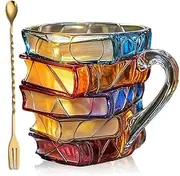 Painted Book Mug, 3D Colorful Book Stack Coffee Cup for Hot and Cold Drinks, Unique Library Mug for Books Lovers, Readers, Writers, Acrylic Look Glassware