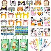 Jungle Safari Party Favors, 60pcs Jungle Safari Birthday Party Favors Set Includes Safari Party Slap Bracelets Stickers Straws Balloon, Animal Mask, Safari Goodie Bags etc Jungle Party Favors for Kids