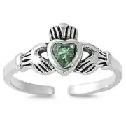 Claddagh Toe Ring Sterling Silver 925 Adjustable Green Face Size 7 mm