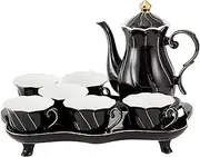 [DUJUST] 14 pcs Tea Set of 6 with Tea Tray & Spoons, Modern Diamond Design Tea/Coffee Cup Set with Golden Trim, Chic Porcelain Living Room Decor, Fine-china Teapot/Tea Party Set, Gift Package - Black