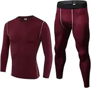 [Abigprofit] Men's Compression Sportswear Sport Suit Autumn Winter Warm 2 Piece Rashguard Thermal Compression Wine-Red Set XL