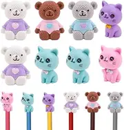 ZORZA 8Pcs 3D Cat and Bear Pencil Top Erasers Creative Pencil Eraser Tops Animal Pet Eraser Caps Fun Mini Pencil Top Erasers Ideal for School Supplies Classroom Prizes & Party Gifts