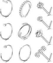 [Sanfenly] 14K Gold Filled Nose Ring Studs 20G Nose Rings Hoops Stud 316L Stainless Steel Nose Rings Round CZ Heart Simulated Diamond L Shaped Nose Stud Hypoallergenic Nostril Piercing Jewelry for Women Men 10Pcs