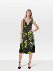 Green & Black Leaf Print V Neck Dress