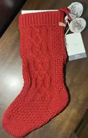 KOOLABURRA by UGG ELISTA CABLE KNIT Christmas Stocking REDWOOD Faux Fur Pom Poms