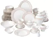57 Pcs Porcelain Dinnerware Set "Sandra" Pink Gold Trim, Wavy Edge - 8 Person