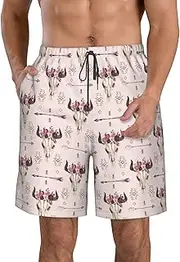 [OAROK] Bull Skull Tribal Men's Casual Beach Shorts Quick Drying Shorts Men's Stretch Swim Trunks Daily Wear Style, White, Medium