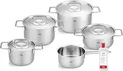 [Fissler] Pure Collection 6-Piece Stainless Steel Saucepan Set with Metal Lids (3 Saucepans, 1 Stewing Pan 1 Saucepan 1 Stainless Steel Care) - Induction, Silver