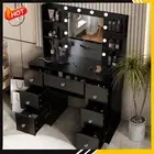 Dressing Desk Vanity Table with 7 Drawers and 10 LED Bulbs Makeup Mirror Black
