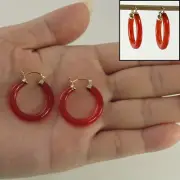 14k Yellow Solid Gold Hook 4 x 25 mm Tube Ring Shape Hoop Red Jade Earrings TPJ