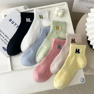 KAFU D569女純棉薄款運動襪H字母刺繡襪子素色短襪