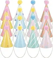 COMNESTBI 16pcs Birthday Paper Cone Hats Pompom for Boy Girl and Adults Fun Party Supplies and Photo Booth Props for Festive Celebrations