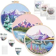 AUTOWT Beginner Embroidery Starter Kit, 3 Needlepoint Embroidery Kit for Adults DIY Handmade Sewing Craft with Plant Floral Patterns, Stitching Sewing Kit Scenery Series, Colored Thread, Needles, Bamboo Hoops(Pattern D)