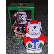 Vintage Santa Cat Cookie Jar Hand Painted Stoneware In Box