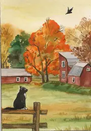 5x7 PRINT OF PAINTING HALLOWEEN TUXEDO BLACK CAT CROW RYTA LANDSCAPE FOLK art