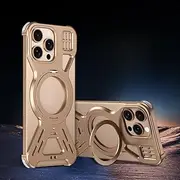Jarttarn Metal Case Compatible with iPhone 16 Pro Max, Aluminum Alloy Cooling Phone Case with 360° Rotatable Ring Stand, Heat Dissipation Hollow Bezel-Less Protective Cover (Gold)