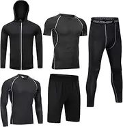 [BOOMCOOL] Men's Activewear Tracksuit, Running Shirt, Sweat Suit, Sportswear, Sweat Suit, Compression Trousers, Fitness, Gym Set, Pack of 5, black, Small