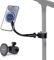 2 in 1 Mic Stand Phone Holder,8" Magnetic Phone Holder for Microphone Stand with Removable Gooseneck & Locking Angle,Mic Music Stand Phone Holder Clip for iPhone 16 15 14 13 12 Pro Max & All Phones