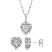 Amour Sterling Silver Diamond Heart Cluster Earrings, Pendant & Chain Set