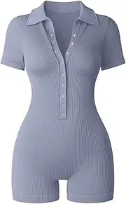 [FEESHOW] Women Body Jumpsuit with Buttons Turn-down Collar Bodysuit Short Sleeve Leotard Overall Leisure Overall Yoga Fitness