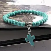 [FEATUR] Stone Round Loose Beads,Beaded Bracelet Bangle with,Natural Gemstone Beaded, Vintage Cross Natural Stone 6mm Beads Bracelet Charm Men Blue Turquoises Pendant Strand Bracelets,Blue