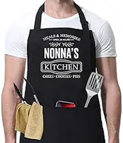 Nonna's Baking Apron - Gift Nonna's Kitchen - Meals And Memories Apron - Baking And Cooking Chef Apron - Gifts Idea For Birthday - Christmas - Mothers Day - Thanksgiving Day, Black, Adult (27”x29)