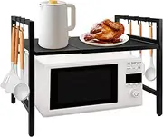 Enenes Expandable 2-Tier Microwave Shelf - Sturdy Metal Kitchen Storage Organiser with 6 Hooks, Adjustable Space-Saving Rack for Countertop, Worktop & Cabinets