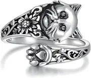 [HongZhuan Jewelry] 925 Sterling Silver Vintage Cat Ring Adjustable Sunflower Spoon Thumb Ring Jewelry Gifts for Women Girls, Sterling Silver, No Gemstone