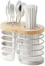 Kitchen Counter Kitchen Silverware Holder Organizer with White Metal Wires Beech Frame, 2-Compartment Utensil Caddy Holder Cutlery Drain Rack for Countertop Organizer