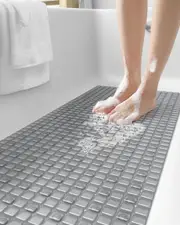 Non-Slip Bath Tub Shower Mat - 16x39 Extra Long, Suction Cups, Drain Holes, Machine Washable - Clear Grey