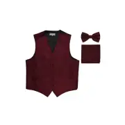 New Men's Tuxedo Vest Vertical Stripes Bowtie Hankie set prom party Burgundy