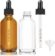 2 oz Clear and Amber Bottle, 2 pack Glass Dropper Bottles for Essential Oils Bottles with Funnel, Labels and Measured Dropper - Leakproof Lap dispensing Bottles