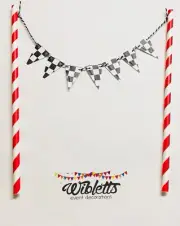 PAPER BUNTING CAKE TOPPER. RACING RACE CAR MOTORBIKE CHEQUERED FLAG, BLACK WHITE