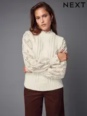 White Ecru High Neck Collar Lace Layer Cable Knitted Jumper (B93549) | $49