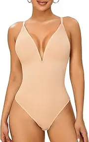 [SAYFUT] Deep V Neck Bodysuit Low Back Corset Shapewear for Women Tummy Control Thong Backless Body Shaper, Apricot