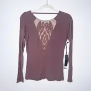 bke boutique Women’s Top Low Back Brown Long Sleeve Embellished Size Small