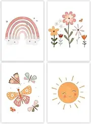 Vegena Set of 4 Pictures for Children's Room Girls - Poster Children's Room Decoration - Rainbow Sun Cloud Flowers and Butterflies Wall Pictures Baby Room Pictures DIN A4 Children's Room Boho Decoration