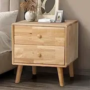 Oikiture Bedside Table with 2 Drawers and Rubber Wood Leg Bed Side Table Nightstand Storage Cabinet