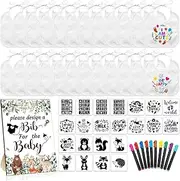 Newwiee 55 Pcs DIY Baby Bibs Set Includes 22 White Feeder Bibs 22 Stencils 10 Fabric Markers 1 Wooden Baby Shower Game Sign