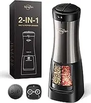 Sangcon 2 in 1 Electric Salt and Pepper Grinder Mill, Battery Operated Dual Salt and Pepper Grinder Shaker Mill, Automatic One-Hand Operation with Light, Adjustable Ceramic Grinder