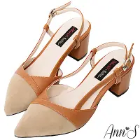 在飛比找Yahoo奇摩購物中心優惠-Ann’S優美線條-復古異材質拼接拉帶粗跟尖頭鞋-棕(版型偏