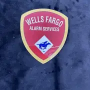 VINTAGE WELLS FARGO ALARM SERVICES STICKER Large Dbl Sided SCARCE 4 X 4 3/4" A1A