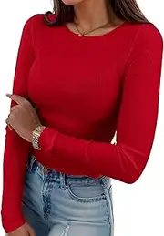 [Cnlinkco] Women's Long Sleeve Crop Top Round Neck Stretchy Plain Soft Basic Tunic Top