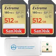SanDisk 2 Pack of 512GB Extreme SDXC UHS-I Memory Cards V30 Class 10 U3 4K UHD SD Cards (SDSDXVV-512G-GNCIN) Bundle with 1 Everything But Stromboli SD Card Reader