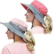 [Muryobao] Women's Ponytail Sun Hat UV Protection Foldable Mesh Wide Brim Beach Fishing Hat
