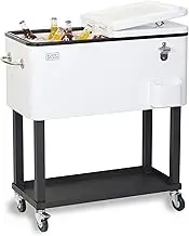 BLACK+DECKER Mobile Cooler on Wheels, 20 Gallon Insulated Rolling Cart with Stainless Steel Bottle Opener, Bar Cart with Wheels and Beverage Cooler with Drain, Ice Chest with Wheels, White