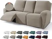 JIVINER Newest Design 8-Piece Recliner Sofa Covers, Stretch Jacquard Couch Covers for Recliner Slipcovers, Living Room 3 Cushion Soft Recliner Protector with Pocket, Khaki
