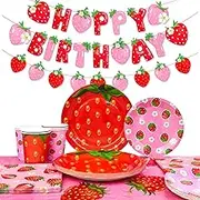 Strawberry Birthday Tableware, 16 guests Strawberry Party Tableware Set - Strawberry Birthday Party Plates Napkins Cups etc Baby Shower for Decorations